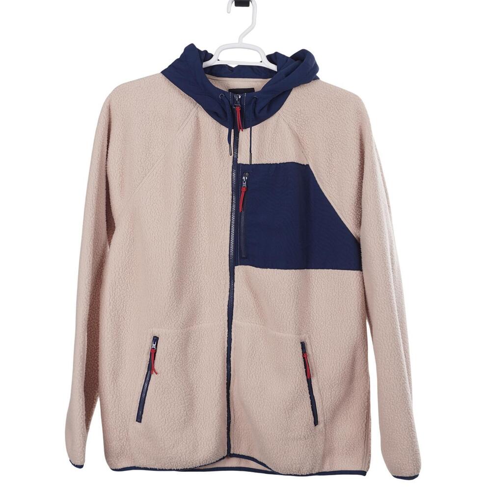 J.CREW Sherpa Jacket Men XL Beige Blue Full Zip Hooded Zip Pockets K4296